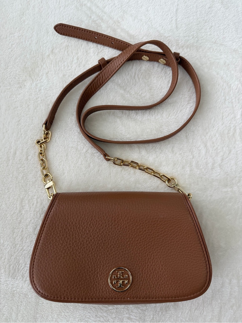 Tory Burch Chestnut Pebbled Leather Crossbody with Gold Hardware